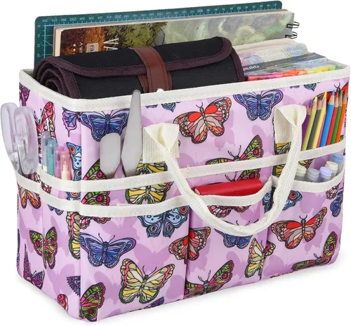 Miniatura 17 de Bolsa de mano organizadora de manualidades con múltiples bolsillos, gran caddy de almacenamiento de arte con asas para arte, manualidades, costura