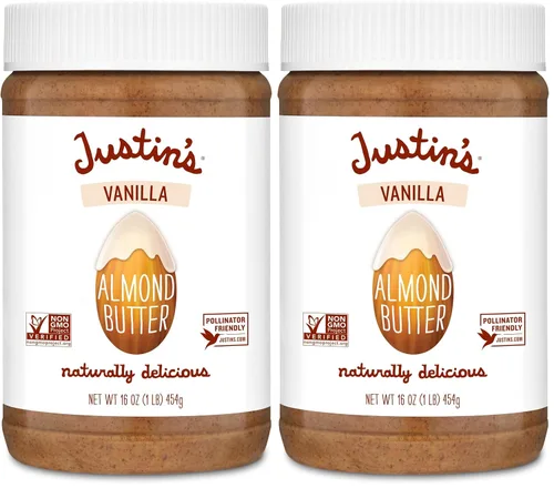 Justin's Mantequilla de almendras de vainilla, sin gluten, sin OGM, vegana, de origen sostenible, frasco de 16 onzas (paquete de 2)