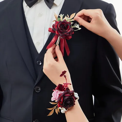 Miniatura 14 de Serwalin Conjunto de Corsage y Boutonniere Rosa, Corsage y Boutonniere de Graduación, Conjunto de Flores de Boda, Accesorios de Homecoming