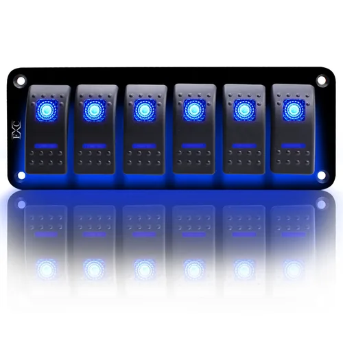 FXC - Panel de interruptor basculante de aluminio de 6 bandas, interruptores de palanca de 5 pines encendido/apagado, 2 LED retroiluminados para