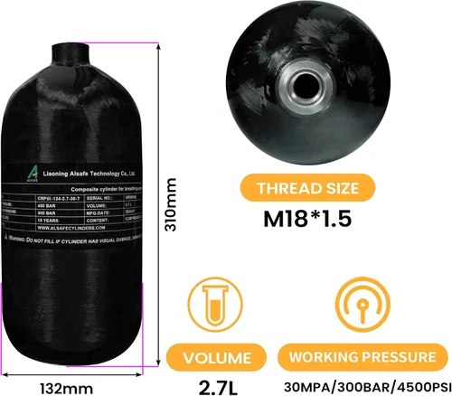 Miniatura 3 de TUXING Tanque de buceo de fibra de carbono 4500Psi 2.7L con medidor de regulador de válvula de llenado de paintball, cilindro compuesto de alta
