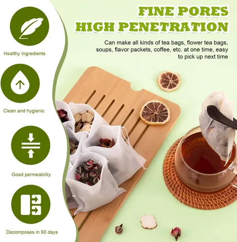 Miniatura 5 de WALWAL 100 bolsas de té desechables para té de hojas sueltas, bolsas de filtro de té biodegradables con cordón, bolsas infusoras de té de fibra