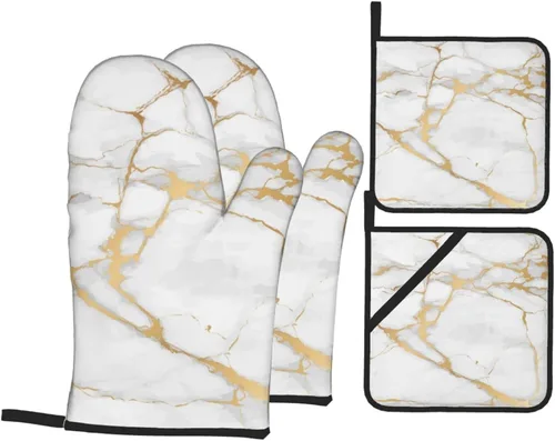 Miniatura 9 de Manoplas de horno y soportes para ollas, arte de mármol blanco y dorado, juego de 4 guantes de cocina resistentes al calor, antideslizantes