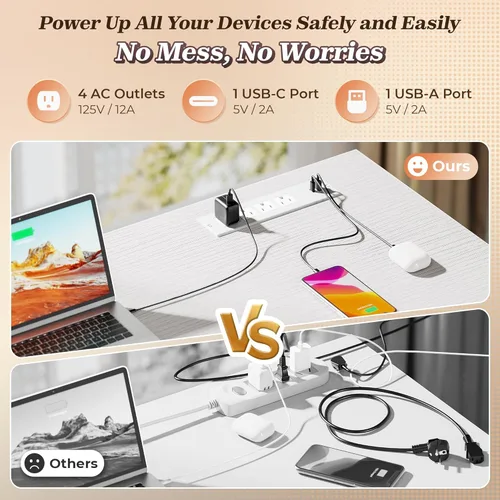 Miniatura 4 de PRAISUN Escritorio en forma de L de 53" con tomas de corriente y puerto USB-C, escritorio reversible de esquina para computadora de oficina con 4