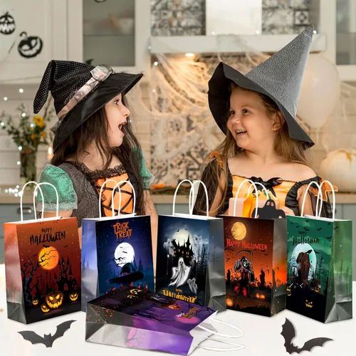 Miniatura 4 de BLEWINDZ 24 bolsas de regalo de papel de Halloween con pañuelos, bolsas de golosinas de Halloween con asa para truco o trato y recuerdos de fiesta