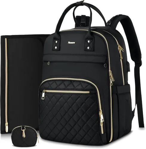 Miniatura 15 de MOMUVO Mochila para pañales, bolsa de bebé acolchada con cambiador, correas para cochecito y funda para chupete, bolsas de pañales de viaje grandes