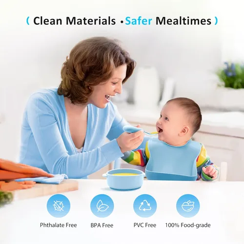 Miniatura 3 de Bufims Juego de alimentación de silicona para bebés, suministros de destete para bebés, utensilios esenciales para comer con placa de succión y Azul