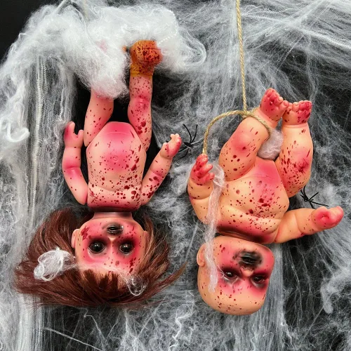 Miniatura 4 de 2 muñecas espeluznantes de Halloween, de 10 pulgadas, muñeca de zombi colgante aterradora con cuerda, decoración de terror de terror de Halloween