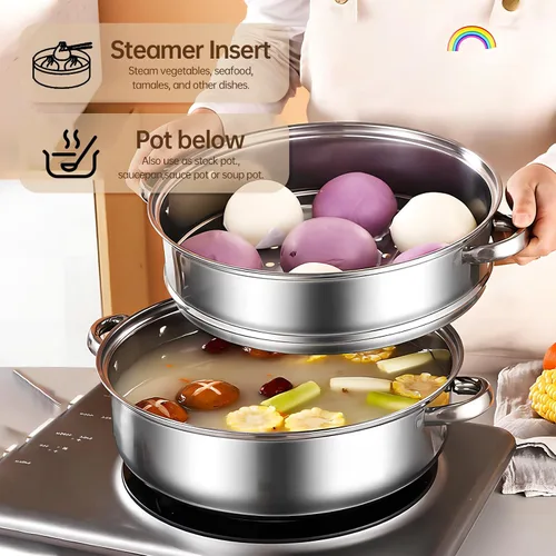 Miniatura 3 de Olla de vapor de acero inoxidable de 3 niveles con tapa, ollas de vapor multiusos para cocinar, juego de vapor de verduras y albóndigas con asas