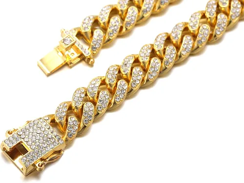 Miniatura 5 de Halukakah HOLLYWOOF - Collar de perro – Cadena de eslabones cubanos chapada en oro, lujoso auricular de diamantes y 0.551 in de grosor, tamaño 24