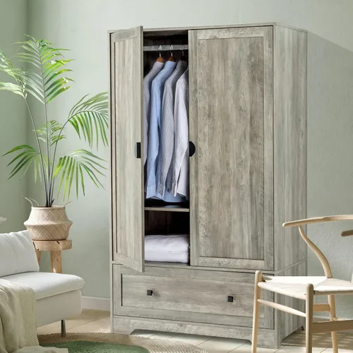Miniatura 15 de VINGLI Armario Ropero Acanalado con Puertas y Cajones, Gabinete Armario con Barra para Colgar, Armario de Dormitorio de Madera de Roble, Armario