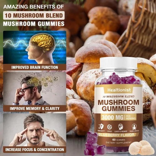 Miniatura 5 de 3000 mg - Gomitas complejas de hongos, 10 mezclas, gomitas de melena de león para adultos, Cordyceps, Shiitake, Reishi, Chaga, cerebro, apoyo