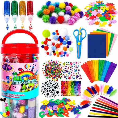 FUNZBO Suministros de artes y manualidades para niños, kit de manualidades con barra de pegamento con purpurina, limpiapipas, pompones, herramientas