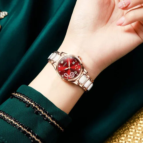 Miniatura 9 de OLEVS Reloj de pulsera para mujer, oro rosa, elegante, de cerámica, para mujer, de cuarzo, acero inoxidable, impermeable, luminoso
