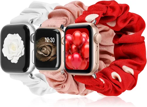 Miniatura 22 de TOYOUTHS - 3 paquetes compatibles con Apple Watch Band Scrunchies 1.496 in (38 mm) tela suave patrón impreso pulsera de tela para mujer iWatch