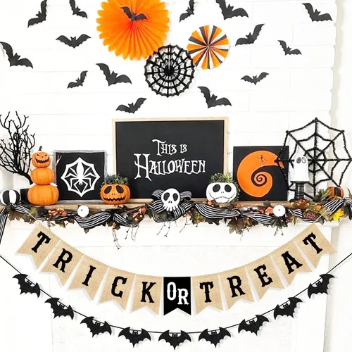 Miniatura 7 de Uniwish Cartel de arpillera de truco o trato, decoraciones de Halloween para repisa, chimenea, guirnalda de murciélagos con purpurina, banderines