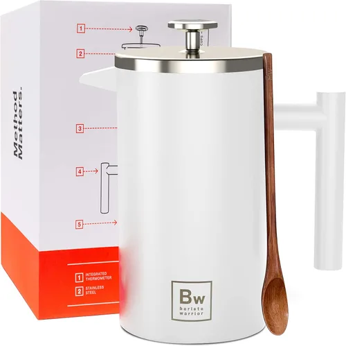 Barista Warrior Prensa francesa con termómetro, prensa de café aislada, cafetera de acero inoxidable (1.0L | 34 fl oz) (blanco)