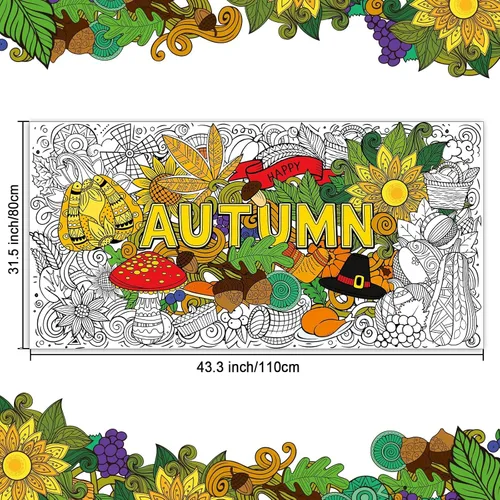 Miniatura 2 de ZOIIWA Póster de otoño para colorear con mandala, mantel gigante para colorear de otoño, hojas de girasol, calabazas, hojas de girasol, páginas