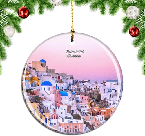 Grecia Santorini - Adorno para árbol de Navidad de Navidad, decoración colgante, decoración de recuerdo de viaje por la ciudad, porcelana de doble