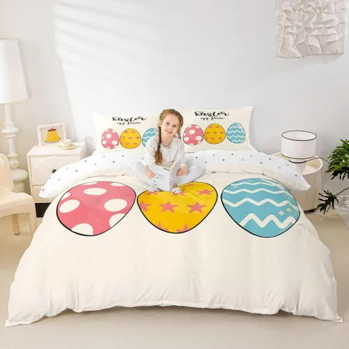 Miniatura 4 de jejeloiu Juego de ropa de cama de Pascua para niñas y niños, huevos de Pascua, juego de funda de edredón decorativa colorida para el día de Pascua