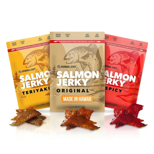 Miniatura 17 de Kaimana Jerky Ahi - Paquete de muestra de atún y salmón - Cecina de pescado totalmente natural y capturada en la naturaleza. Fabricado en Estados