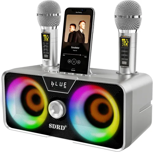 Miniatura 10 de Máquina de karaoke para adultos y niños con 2 micrófonos inalámbricos UHF, sistema de altavoces Bluetooth portátil PA con luces LED de fiesta