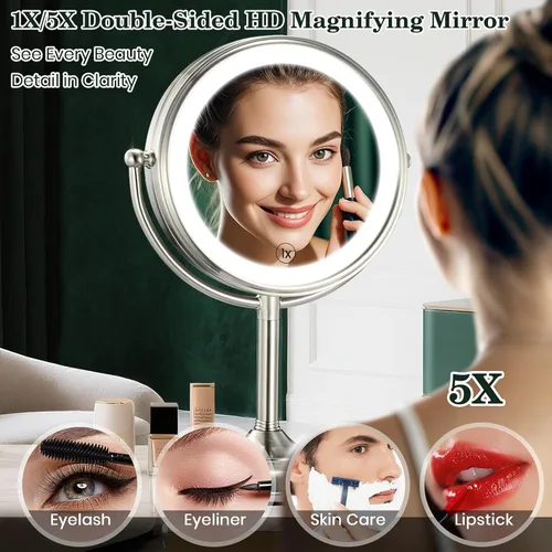 Miniatura 6 de VESAUR Espejo de maquillaje iluminado extra grande de 11.8" y 17" de alto, espejo de aumento de 3 lados 1X/5X/10X con 96 LED, 3 luces regulables