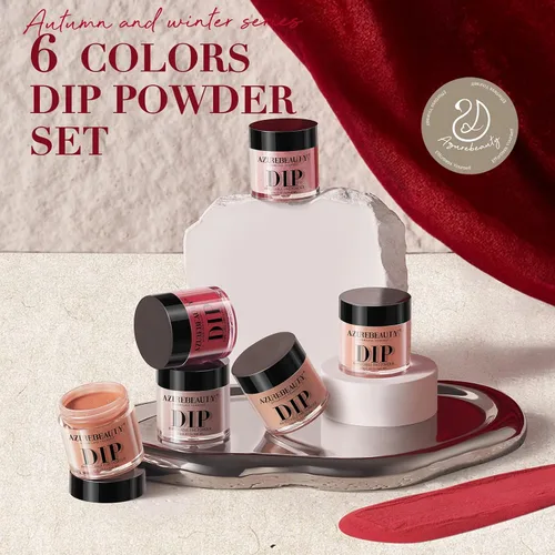 Miniatura 8 de AZUREBEAUTY Polvo de uñas de inmersión, kit de iniciación de 6 colores con purpurina marrón y roja, arte de uñas francesa, manicura de bricolaje