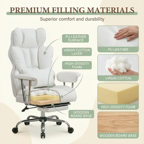 Miniatura 3 de Silla de oficina grande y alta de 400 libras, silla de escritorio ejecutiva resistente con reposapiés, silla ergonómica de piel sintética con Blanco