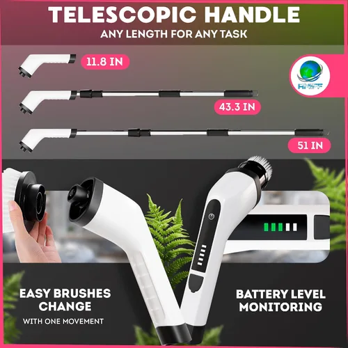 Miniatura 4 de Cepillo eléctrico 7 en 1, 2500 mAh. Limpiador telescópico de bañera con mango largo. Potente limpiador eléctrico para bañera. Cepillo eléctrico