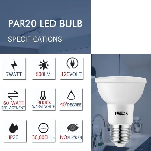 Miniatura 4 de Bombillas LED PAR20 regulables 3000 K blanco cálido, bombilla de inundación E26 de 7 W, 600 lúmenes, equivalente a 50 W 60 W, equivalente a