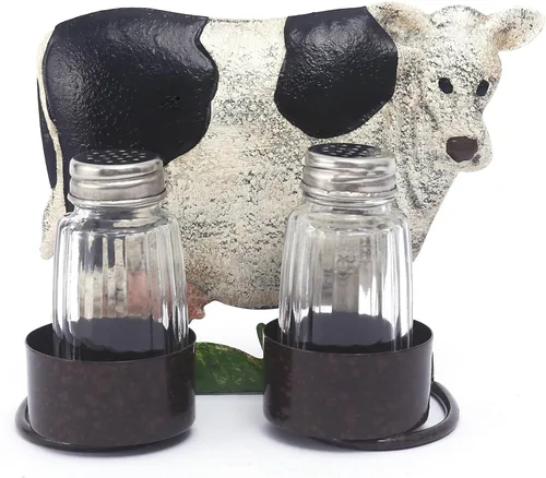 Juego de salero y pimienta de vaca - Dos saleros de vidrio con tapas, soporte de vaca para especias y condimentos, para decoración de cocina,
