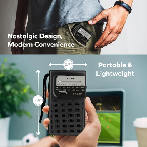 Miniatura 5 de Coby Radio AM/FM Portátil – Radio de Bolsillo Retro Operada con Pilas con Altavoces Potentes, Batería de Larga Duración de 800 Horas, Recepción