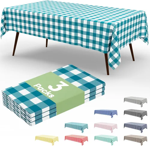 Miniatura 100 de Smiry Paquete de 3 Manteles Desechables de Cuadros Gingham Color Caqui - 54" x 72" Mantel de Plástico de Servicio Pesado, Cubiertas de Mesa