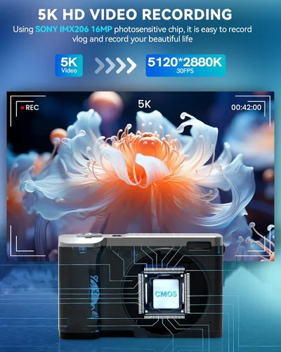 Miniatura 5 de Cámara digital, cámaras 5K 56MP para enfoque automático de fotografía, cámara compacta de vlogging con cámara frontal y trasera, zoom óptico 10X