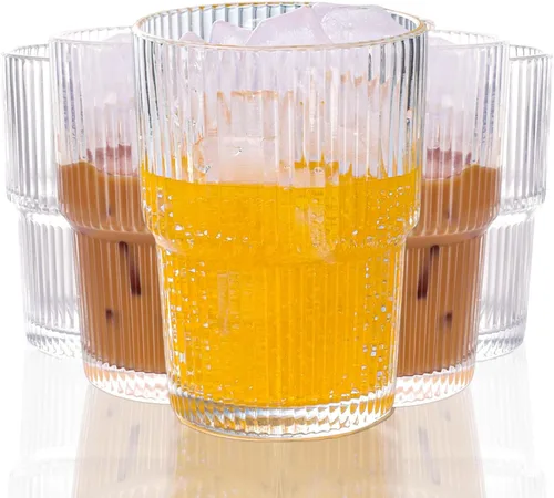 Juego de 6 lindos vasos de vidrio acanalados, vaso de vidrio transparente vintage de 14 oz, estilo origami, diseño acanalado, ideal para agua, café