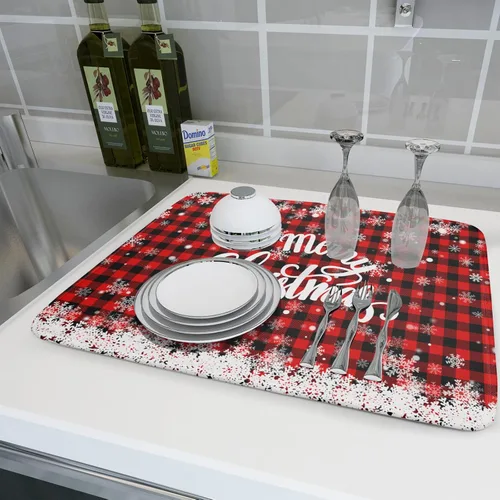 Miniatura 6 de Tapete de secado de platos de Navidad para encimera de cocina, de 18 x 24 pulgadas, tapete de secado reversible de microfibra con copos de nieve