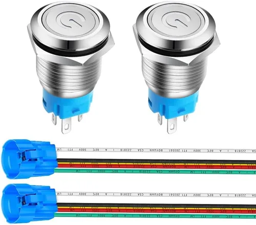 Miniatura 14 de Gebildet 2 piezas Botón de presión de cierre LED azul impermeable 110-230VAC/15Amp 16 mm Interruptor de botón de acero inoxidable impermeable