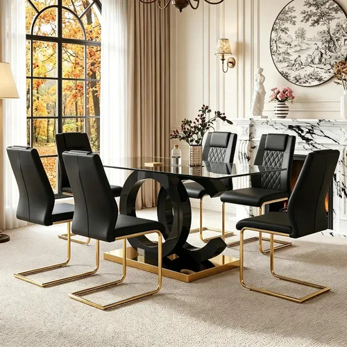 Miniatura 29 de Juego de mesa de comedor de cristal de 63 pulgadas para 6, juego de mesa de comedor moderno para 6, mesa de vidrio templado con patas negras