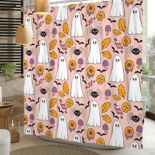 Miniatura 12 de Cortina de ducha divertida de Halloween, espeluznante y bonita, fantasma, calabazas, murciélagos, cortina de baño para niños, decoración