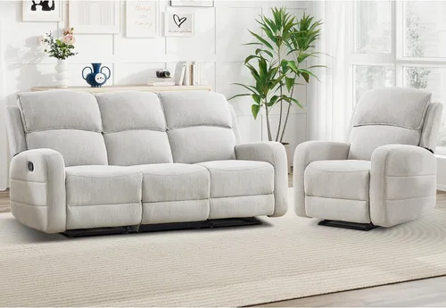 Miniatura 18 de EBELLO Juego de sofá reclinable manual para sala de estar, sofá reclinable de tela suave para sala de reuniones, respaldo y apoyabrazos acolchados