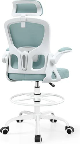 Miniatura 11 de Silla de dibujo, silla de oficina alta para escritorio de pie, respaldo alto ergonómico con reposacabezas, soporte lumbar, anillo para el pie y Negro