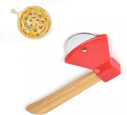 Miniatura 10 de Cortador de pizza de acero inoxidable, cortador de pizza de hacha redonda, rueda de cocina con tapa, rebanador de alimentos de mano para el hogar