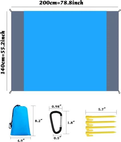 Miniatura 5 de Manta de playa impermeable a prueba de arena para viajes, camping, senderismo, picnic, festivales de música, azul/gris, 79 x 55 pulgadas, hecha