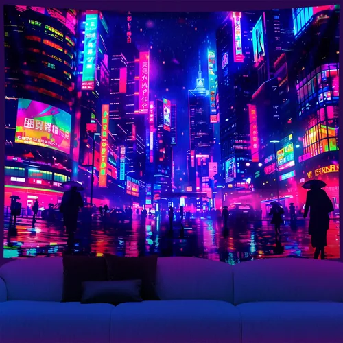 Miniatura 13 de NYZE Tapiz de luz negra de ciudad, tapiz de anime japonés, juego punk, fantasía, vista nocturna, paisaje urbano, arte futurista, neón, tapices