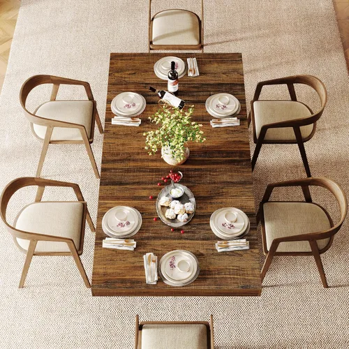 Miniatura 4 de Tribesigns Mesa de comedor de 63 pulgadas para 4-6, mesa rectangular de madera de granja con relieve geométrico, base de pedestal (café y negro)