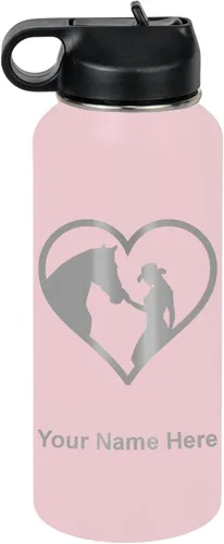 Miniatura 39 de LaserGram Botella de agua personalizada, corazón de vaquera de caballo, acero inoxidable de doble pared aislada al vacío con popote superior, regalo