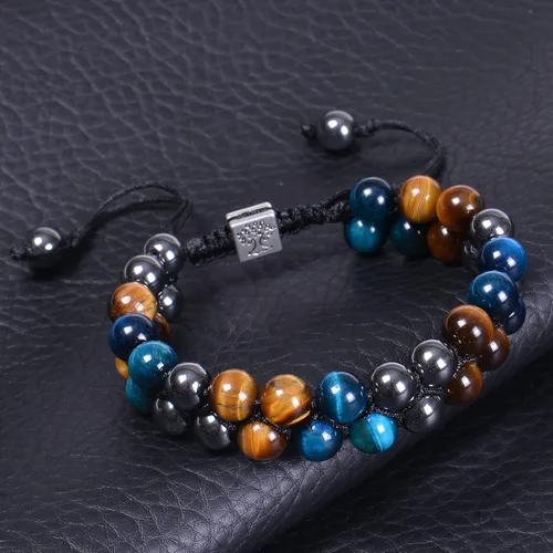 Miniatura 31 de DHQH Triple Protection Bracelet 8/10MM Hematite Black Agate Tigers Eye Stone Bracelet Crystal Jewelry Healing Bead Bracelets for Men Bring Luck