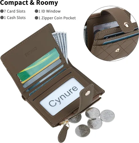 Miniatura 62 de Cartera de cuero para mujer, pequeña, compacta, plegable, con bolsillo para monedas con cremallera