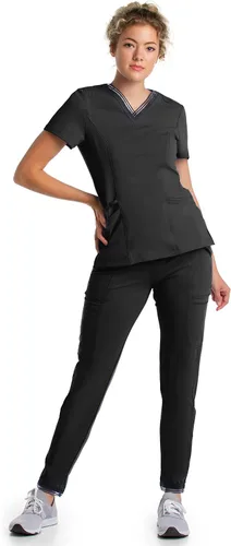 Miniatura 4 de Urbane Impulse - Camiseta quirúrgica elástica extrema de 2 bolsillos con cuello en V para mujer talla 9105 color negro talla XL Negro XL